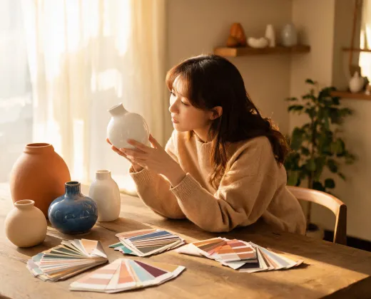 Home decor buyer reviewing vases